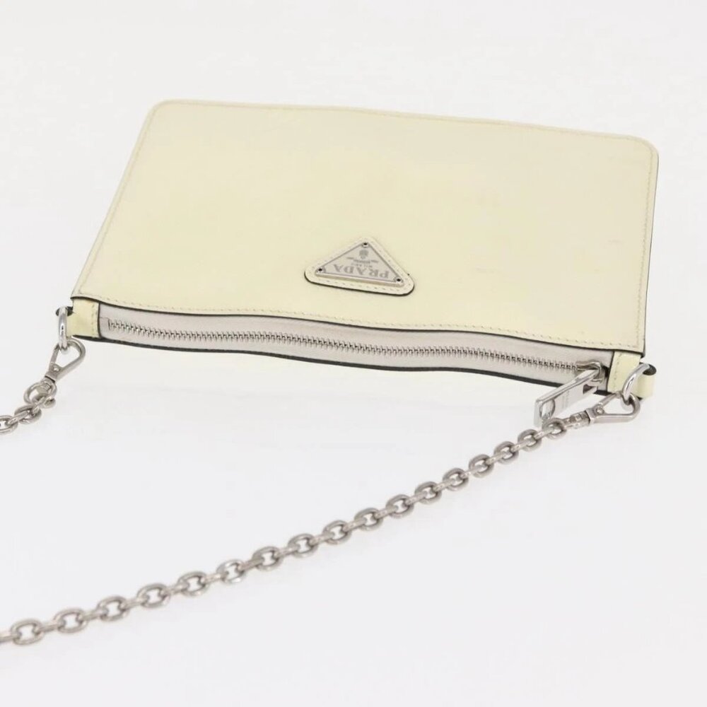 PRADA Chain Shoulder Bag Safiano leather White Silver Auth 153937 - Picture 7 of 16